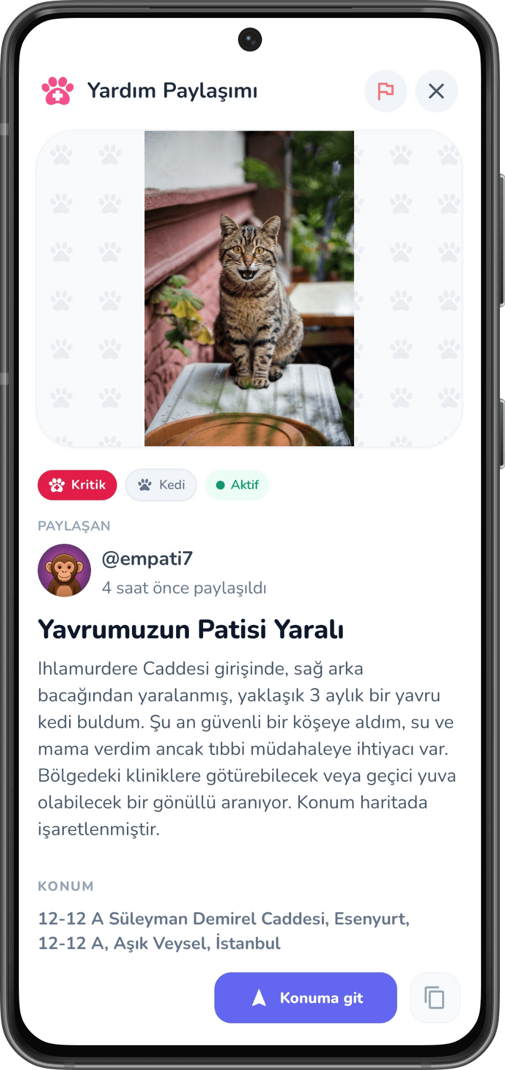 Empati uygulaması acil yardım bildirimi ekranı